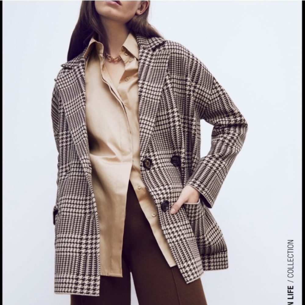 Zara brown houndstooth knit blazer - Picture 1 of 5